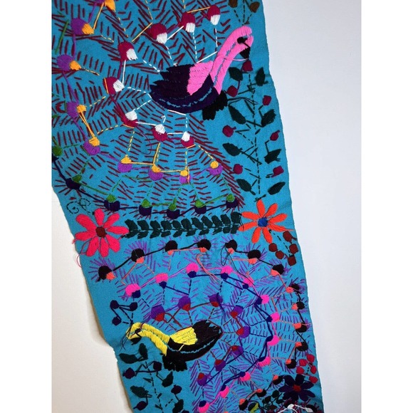 Mexican Hand Embroidered Tapestry Colorful Peacock Flowers Table Runner 64x17 - Picture 2 of 7